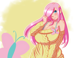 Size: 1600x1200 | Tagged: safe, artist:ryujisama, fluttershy, human, big breasts, breasts, cleavage, clothes, female, hootershy, huge breasts, humanized, looking at you, plump, shy, solo, sweater, sweatershy, wide hips