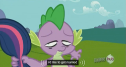 Size: 575x308 | Tagged: safe, derpibooru import, screencap, spike, twilight sparkle, dragon, keep calm and flutter on, hub logo, marriage, meme, stoner spike, youtube caption