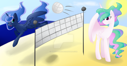 Size: 1024x534 | Tagged: safe, artist:mlp-firefox5013, princess celestia, princess luna, alicorn, pony, beach, volleyball