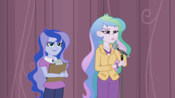 Size: 1920x1080 | Tagged: safe, screencap, princess celestia, princess luna, principal celestia, vice principal luna, equestria girls, friendship games, annoyed, celestia is not amused, clipboard, luna is not amused, microphone, unamused