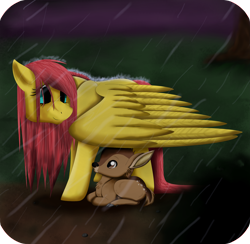 Size: 3211x3128 | Tagged: safe, artist:shadeila, fluttershy, pegasus, pony, fawn, protecting, rain, solo, wing umbrella