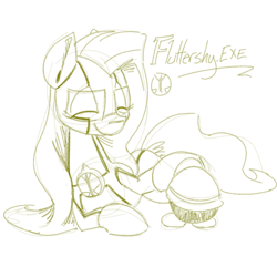 Size: 700x700 | Tagged: safe, artist:goat train, fluttershy, pegasus, pony, armor, crossover, eyes closed, megaman battle network, monochrome, on side, petting, prone, sketch, smiling, solo