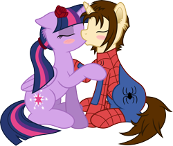 Size: 7104x6000 | Tagged: safe, artist:mactavish1996, artist:moonlight-ki, derpibooru import, twilight sparkle, twilight sparkle (alicorn), alicorn, pony, .svg available, absurd resolution, blushing, clothes, crack shipping, crossover, crossover shipping, female, kissing, male, mare, peter parker, ponified, shipping, simple background, spider-man, spiders and magic: rise of spider-mane, spidertwi, straight, suit, transparent background, vector
