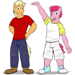 Size: 1280x1280 | Tagged: safe, artist:fuzebox, applejack, applejack (male), bubble berry, pinkie pie, anthro, plantigrade anthro, clothes, converse, hatless, jeans, missing accessory, pants, rule 63, shirt, shoes, shorts, t-shirt