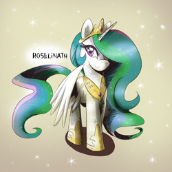 Size: 2500x2500 | Tagged: safe, artist:roselinath, princess celestia, alicorn, pony, crown, female, horn, mare, multicolored mane, multicolored tail, solo, white coat, white wings, wings