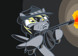 Size: 2338x1700 | Tagged: safe, artist:tess, derpy hooves, pony, gun, mafia, solo, tommy gun, weapon