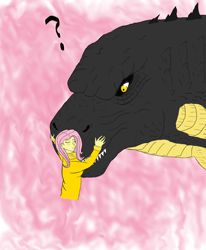 Size: 500x607 | Tagged: safe, artist:johng117, fluttershy, human, kaiju, crossover, godzilla, godzilla (series), godzilla 2014, godzilla junior, godzillashy, humanized