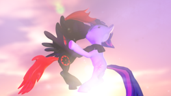 Size: 1920x1080 | Tagged: safe, artist:egstudios93, derpibooru import, twilight sparkle, oc, pegasus, pony, 3d, canon x oc, edgy, eyes closed, gmod, kissing, red and black oc, shipping, sky, spread wings