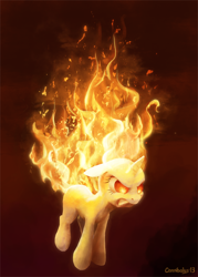 Size: 600x840 | Tagged: safe, artist:cannibalus, derpibooru import, twilight sparkle, angry, elemental, fire, floppy ears, glare, gritted teeth, mane of fire, rage, rapidash, rapidash twilight, scene interpretation, solo