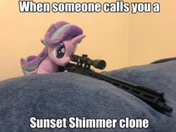 Size: 2048x1536 | Tagged: safe, artist:nekokevin, edit, starlight glimmer, pony, series:nekokevin's glimmy, ar15, caption, gun, image macro, irl, photo, plushie, snipelight glimmer, text, this will end in death, this will end in pain, this will end in tears, this will end in tears and/or death, weapon