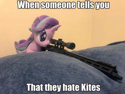 Size: 2048x1536 | Tagged: safe, edit, starlight glimmer, pony, ar15, caption, gun, image macro, irl, kite, photo, plushie, snipelight glimmer, text, that pony sure does love kites, this will end in communism, weapon