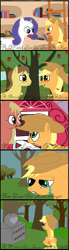 Size: 1024x3688 | Tagged: safe, artist:kickassking, applejack, caramel, rarity, earth pony, pony, unicorn, apple, barn, carajack, female, grave, hat, library, male, mother, sad, shipping, straight, sweet apple acres