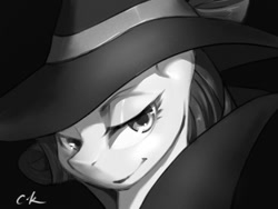 Size: 1000x750 | Tagged: safe, artist:cassiel, rarity, pony, unicorn, rarity investigates, bedroom eyes, clothes, detective rarity, hat, looking at you, monochrome, noir, smiling, solo