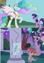 Size: 617x891 | Tagged: safe, princess celestia, spike, twilight sparkle, twilight sparkle (alicorn), twinkleshine, alicorn, dragon, pony, amending fences, animation error, female, mare, pin the tail on the pony