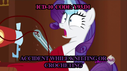 Size: 1920x1080 | Tagged: safe, screencap, rarity, pony, unicorn, magic duel, icd-10, injured, pink text, purple text, solo