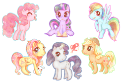 Size: 900x595 | Tagged: safe, artist:pasuteru-usagi, derpibooru import, applejack, fluttershy, pinkie pie, rainbow dash, rarity, spike, twilight sparkle, dragon, earth pony, pegasus, pony, unicorn, book, bow, colored hooves, cute, female, glowing horn, horn, looking at you, mane seven, mane six, mare, outline, simple background, spread wings, tongue out, white background, wings