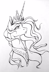 Size: 2250x3294 | Tagged: safe, artist:drawerfun, princess celestia, alicorn, pony, female, horn, mare, monochrome, solo