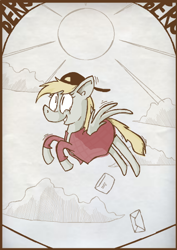 Size: 424x600 | Tagged: safe, artist:mspaintr0cks, derpy hooves, pony, backwards cap, clothes, cloud, flying, hat, mail, smiling, solo, sun