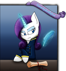 Size: 889x963 | Tagged: safe, artist:stuflox, rarity, pony, unicorn, clothes, magic, quill, scroll, solo, the count of monte cristo, uniform, villefort