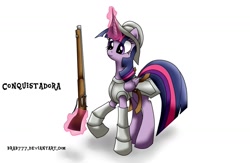 Size: 1027x671 | Tagged: safe, artist:brab777, derpibooru import, twilight sparkle, twilight sparkle (alicorn), alicorn, pony, armor, conquistador, female, gun, magic, mare, musket, solo, spanish, translated in the comments