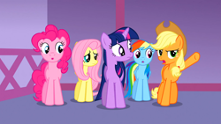 Size: 1366x768 | Tagged: safe, derpibooru import, screencap, applejack, fluttershy, pinkie pie, rainbow dash, twilight sparkle, earth pony, pegasus, pony, suited for success