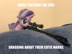 Size: 4032x3024 | Tagged: safe, artist:nekokevin, artist:yaop, edit, editor:genericarchangel, starlight glimmer, pony, series:nekokevin's glimmy, caption, exploitable meme, gun, image macro, implied apple bloom, implied cutie mark crusaders, implied cutie mark theft, implied scootaloo, implied sweetie belle, irl, meme, photo, plushie, snipelight glimmer, solo, text, this will end in communism, weapon
