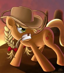 Size: 700x800 | Tagged: safe, artist:zelc-face, applejack, earth pony, pony, alternate hairstyle, applejack's hat, braid, cowboy hat, gap teeth, hat, lasso, mouth hold, solo, sunset