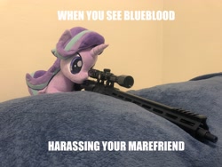Size: 4032x3024 | Tagged: safe, artist:nekokevin, artist:yaop, edit, editor:genericarchangel, starlight glimmer, pony, series:nekokevin's glimmy, caption, exploitable meme, gun, image macro, implied blueblood, implied lesbian, implied shipping, implied startrix, implied trixie, irl, meme, photo, plushie, snipelight glimmer, solo, text, this will end in gulag, weapon