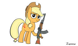 Size: 1296x776 | Tagged: safe, artist:zaponator, applejack, earth pony, pony, ak, ak-47, assault rifle, gun, rifle, simple background, solo, weapon