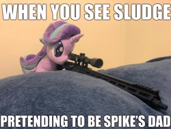 Size: 4032x3024 | Tagged: safe, artist:nekokevin, artist:yaop, edit, starlight glimmer, pony, unicorn, series:nekokevin's glimmy, father knows beast, ar15, caption, female, gun, image macro, implied sludge, implied spike, irl, leaning, mare, meme, photo, plushie, rifle, scope, smiling, snipelight glimmer, solo, text, weapon