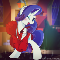Size: 1000x1000 | Tagged: safe, artist:ruhisu, rarity, pony, unicorn, bedroom eyes, bipedal, blushing, building, clothes, covering, dress, female, jewelry, looking at you, manehattan, mare, marilyn monroe, open mouth, patreon, red dress, skirt, smiling, solo, standing, street, the seven year itch, vent, wink