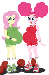 Size: 1024x1552 | Tagged: safe, artist:metaldudepl666, fluttershy, pinkie pie, buckball season, equestria girls, absurd resolution, alternate hairstyle, ball, belly, big belly, breasts, buckball, buckball uniform, clothes, digital art, excited, female, fetish, hootershy, large belly, looking at you, nudity, open mouth, pinkie pies, pinktails pie, preggy pie, pregnant, shoes, shorts, shy, smiling, sneakers, sneakers fetish, socks, tanktop