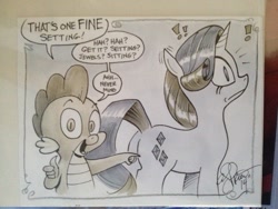 Size: 780x585 | Tagged: safe, artist:andypriceart, rarity, spike, dragon, pony, unicorn, andy you magnificent bastard, dialogue, embarrassed, exclamation point, female, limited palette, male, plot, pun, shipping, sparity, speech bubble, straight, traditional art