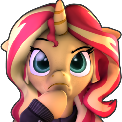 Size: 2160x2160 | Tagged: safe, artist:imafutureguitarhero, sunset shimmer, pony, unicorn, equestria girls, 3d, adidas, alternate hairstyle, bust, clothes, contemplating, digital art, emoji, equestria girls ponified, female, floppy ears, freckles, high res, hoodie, hoof on chin, mare, nose wrinkle, outline, ponified, raised eyebrow, simple background, solo, source filmmaker, square, thinking, thinking emoji, tracksuit, transparent background
