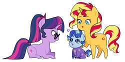 Size: 3168x1569 | Tagged: safe, artist:pikokko, sci-twi, sunset shimmer, twilight sparkle, oc, oc:sparkling sapphire, pony, unicorn, series:sciset diary, baby, baby pony, equestria girls ponified, family, female, filly, footed sleeper, heart, lesbian, magic, magical lesbian spawn, offspring, onesie, parent:sci-twi, parent:sunset shimmer, parents:scitwishimmer, ponified, scitwishimmer, shipping, simple background, sunsetsparkle, transparent background