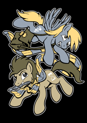 Size: 595x842 | Tagged: safe, artist:drawponies, derpy hooves, doctor whooves, earth pony, pegasus, pony, clothes, doctor who, duo, female, fourth doctor's scarf, male, mare, scarf, smiling, sonic screwdriver, stallion