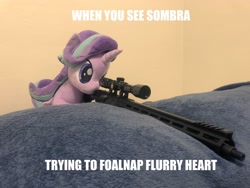 Size: 4032x3024 | Tagged: safe, artist:nekokevin, artist:yaop, edit, editor:genericarchangel, starlight glimmer, pony, series:nekokevin's glimmy, spoiler:s09, caption, exploitable meme, gun, image macro, implied flurry heart, implied king sombra, irl, meme, photo, plushie, rifle, snipelight glimmer, solo, text, this will end in death, weapon