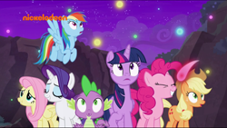 Size: 1360x768 | Tagged: safe, derpibooru import, screencap, applejack, fluttershy, pinkie pie, rainbow dash, rarity, spike, twilight sparkle, twilight sparkle (alicorn), alicorn, dragon, earth pony, pegasus, pony, unicorn, school raze, magic, mane seven, mane six, winged spike