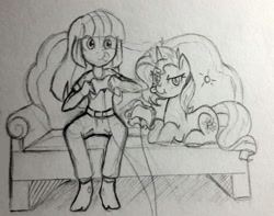 Size: 1280x1011 | Tagged: safe, artist:chautung, sunset shimmer, twilight sparkle, equestria girls, controller, cute, female, gamer sunset, hilarious in hindsight, lesbian, magic, pencil drawing, shimmerbetes, shipping, sunsetsparkle, telekinesis, tongue out, traditional art, twiabetes