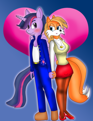 Size: 968x1258 | Tagged: safe, artist:odiz, derpibooru import, dusk shine, twilight sparkle, anthro, crossover, crossover shipping, female, male, miles "tails" prower, rule 63, shipping, sonic the hedgehog (series), stallion, stallion on vixen, straight, tailsko, twitails, vixen, wip