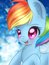 Size: 963x1276 | Tagged: safe, artist:brok-enwings, derpibooru import, rainbow dash, pegasus, pony, big head, blushing, cute, dashabetes, female, mare, smiling, solo