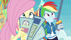 Size: 1920x1080 | Tagged: safe, derpibooru import, screencap, fluttershy, rainbow dash, better together, equestria girls, rollercoaster of friendship, cute, drink, equestria land, geode of super speed, magical geodes, shyabetes