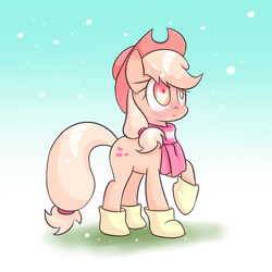 Size: 1400x1400 | Tagged: safe, artist:joycall6, applejack, earth pony, pony, boots, clothes, hoof boots, raised hoof, scarf, snow, snowfall, solo