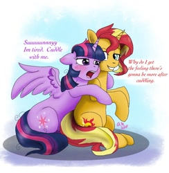 Size: 800x820 | Tagged: safe, artist:fallenangel5414, sunset shimmer, twilight sparkle, twilight sparkle (alicorn), alicorn, cuddling, cute, female, lesbian, shipping, sunsetsparkle, tired, twiabetes