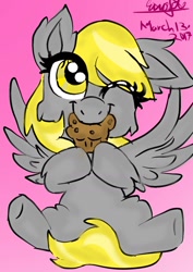 Size: 1000x1414 | Tagged: safe, artist:emositecc, derpy hooves, pegasus, pony, cheek fluff, ear fluff, female, filly, fluffy, food, gradient background, muffin, nom, one eye closed, signature, sitting, solo, spread wings, wings