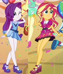 Size: 722x856 | Tagged: safe, artist:charliexe, rarity, sunset shimmer, equestria girls, friendship games, bracelet, clothes, cropped, cute, duo, duo female, female, flirting, high heels, jewelry, legs, miniskirt, one eye closed, schrödinger's pantsu, sexy, shoes, show accurate, skirt, wink