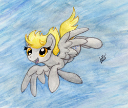 Size: 846x715 | Tagged: safe, artist:jenkiwi, derpy hooves, pegasus, pony, female, flying, mare, sky, smiling, solo, traditional art