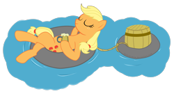 Size: 4078x2196 | Tagged: safe, artist:techrainbow, applejack, earth pony, pony, barrel, cider, eyes closed, floaty, on back, solo, water