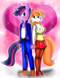 Size: 968x1258 | Tagged: safe, artist:odiz, derpibooru import, dusk shine, twilight sparkle, anthro, crossover, crossover shipping, female, male, miles "tails" prower, rule 63, shipping, sonic the hedgehog (series), stallion, stallion on vixen, straight, tailsko, twitails, vixen