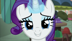 Size: 1920x1080 | Tagged: safe, screencap, rarity, pony, unicorn, made in manehattan, lidded eyes, looking at you, magic, offscreen character, pov, smiling, solo